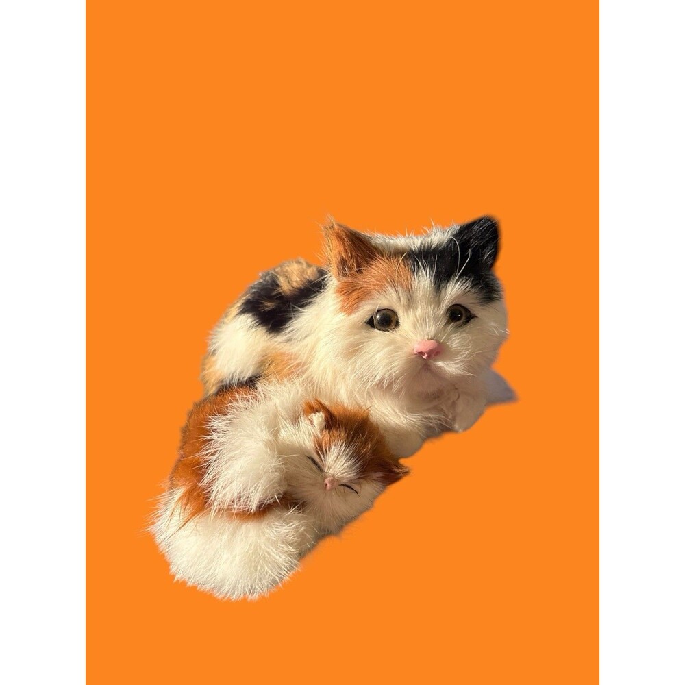 Realistic Fur Momma Calico Cat And Sleeping Kitten Vintage Set 6” And 3”